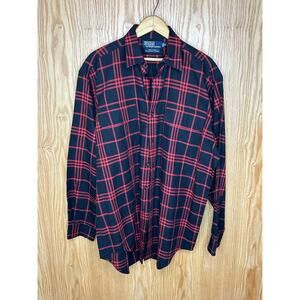 Vintage 1990s Polo Ralph Lauren Blue Red Plaid Cotton Wool Blend Men's L